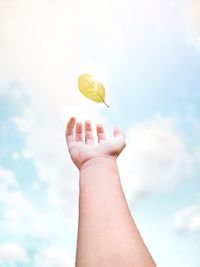 Low section of person holding yellow against sky