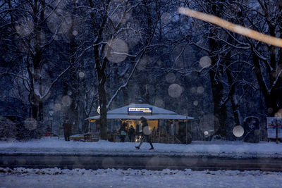 Smal shop with information sign on snow covered tree