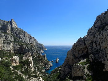 Panoramic view of sea against clear blue sky