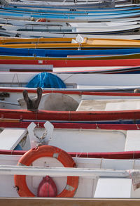 High angle view of boats moored in water