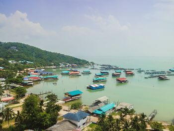 High angle view of boats moored in marina