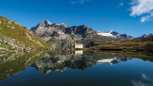 Scenic view of lake and mountains against blue sky