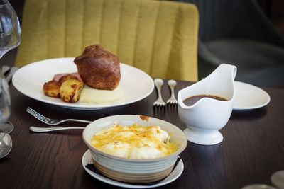 Close-up of breakfast served on table