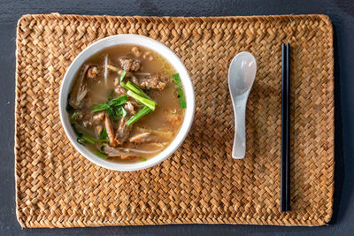 High angle view of soup in bowl on table