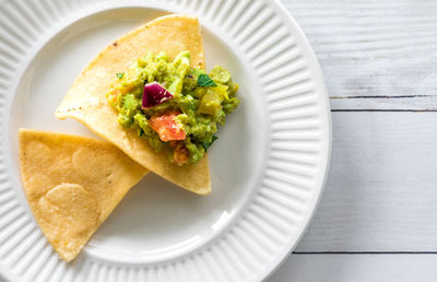 High angle view of food in plate on table