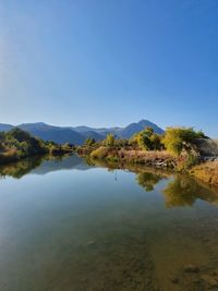 Scenic view of lake against blue sky