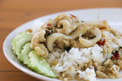 Close-up of food served in plate on table