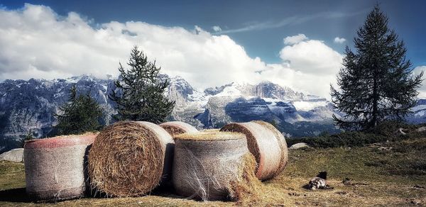 Hay bales on field against sky