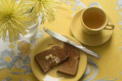 High angle view of breakfast on table