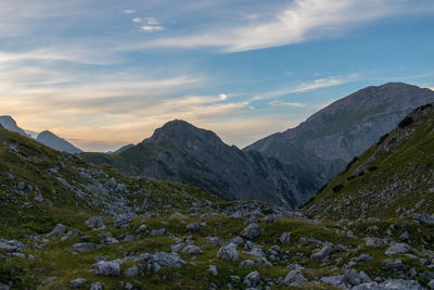 Scenic view of mountains against sky during sunset