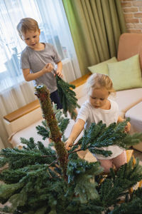 Young woman holding christmas tree