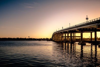 Silhouette bridge over sea against sky during sunset