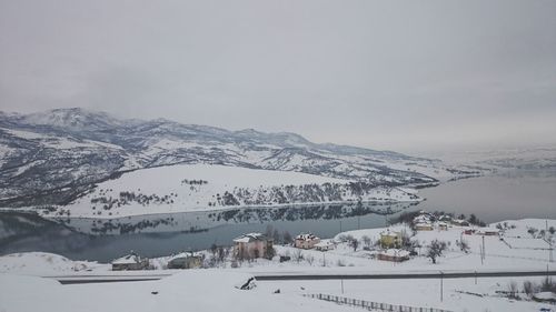 Scenic view of snow covered mountains against sky