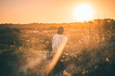 Rear view of man sitting on field against sky during sunset