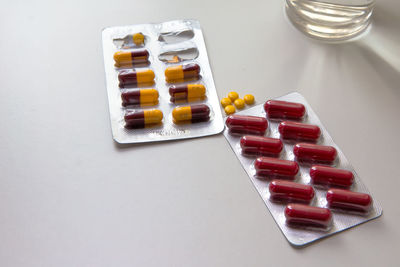 High angle view of bottles on table