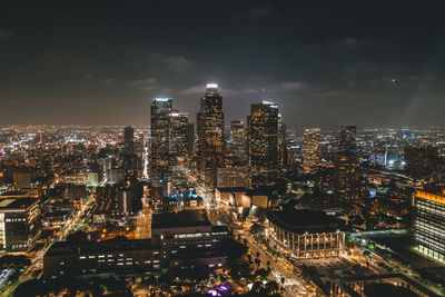 Aerial view of downtown los angeles skyline with city lights from aerial perspective