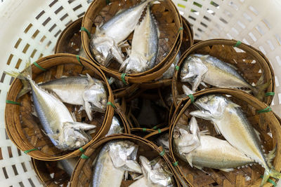 High angle view of fish for sale in market