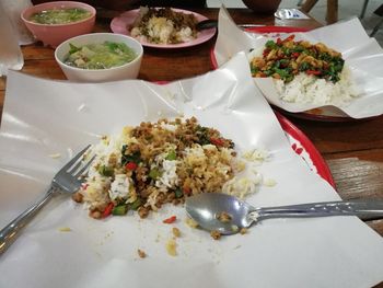 High angle view of food served on table