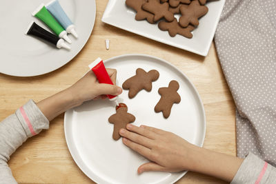 High angle view of cookies in plate on table