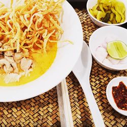 High angle view of meal served on table