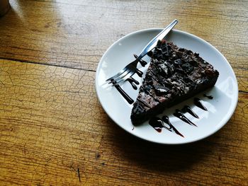 High angle view of cake in plate on table