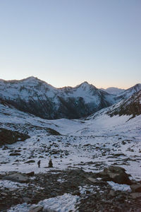 Scenic view of snowcapped mountains against clear sky