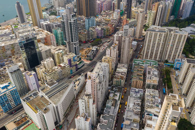 High angle view of modern buildings in city