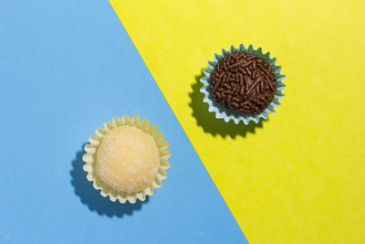 High angle view of cupcakes on table