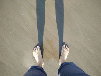 Low section of man standing on beach