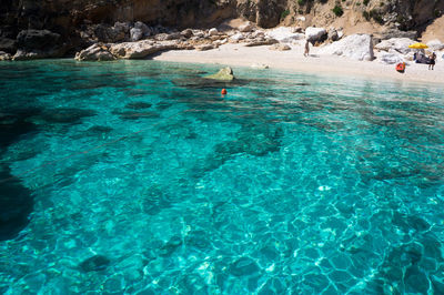 High angle view of people swimming in sea