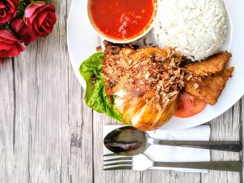 High angle view of food served on table