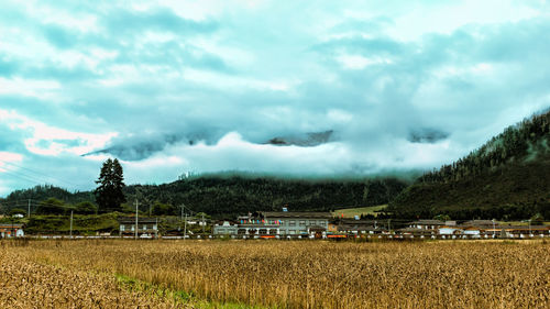 Scenic view of storm clouds over trees against sky