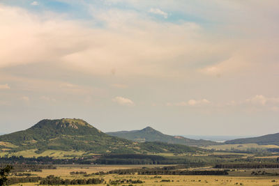 Scenic view of landscape and mountains against sky