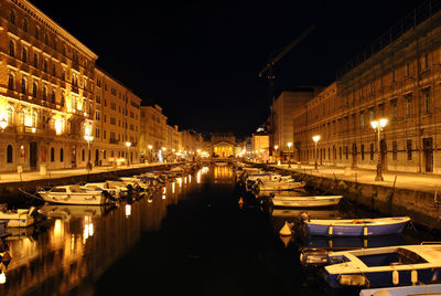 Canal passing through city buildings at night