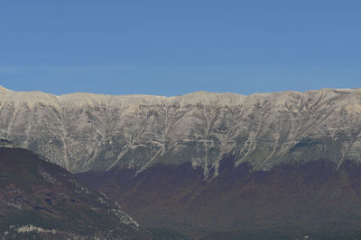 Scenic view of snowcapped mountains against clear blue sky