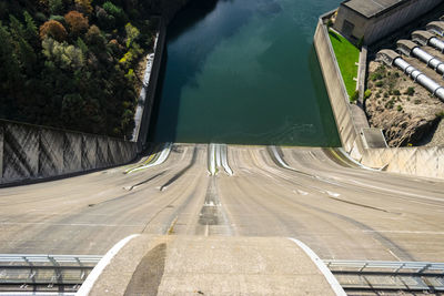 High angle view of dam by river