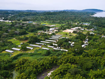 High angle view of trees and buildings against sky