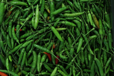 Full frame shot of green chili peppers in market