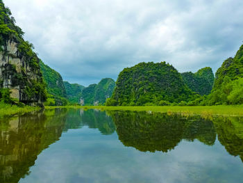 Scenic view of lake by trees against sky