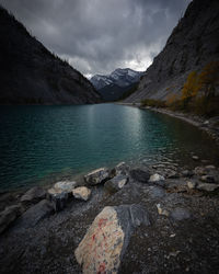 Scenic view of lake and mountains against sky