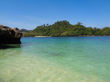 Scenic view of sea against clear blue sky