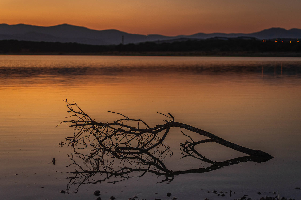 water, reflection, mountain, sky, lake, sunset, beauty in nature, scenics - nature, dawn, nature, tranquility, evening, tranquil scene, landscape, environment, mountain range, no people, silhouette, tree, sun, land, outdoors, plant, twilight, horizon, non-urban scene, travel destinations, orange color, animal, cloud, idyllic, travel