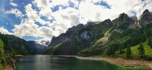 Scenic view of lake and mountains against sky