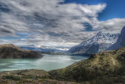 Scenic view of lake and mountains against sky