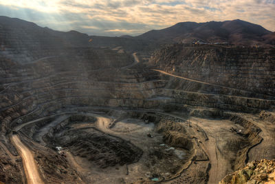 View from above of the pit of an open-pit copper mine in chile