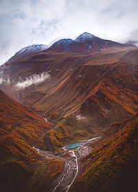 Aerial view of snowcapped mountain against sky