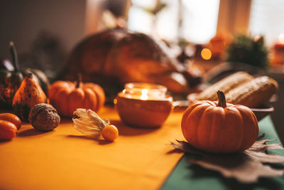 Close-up of pumpkins on table