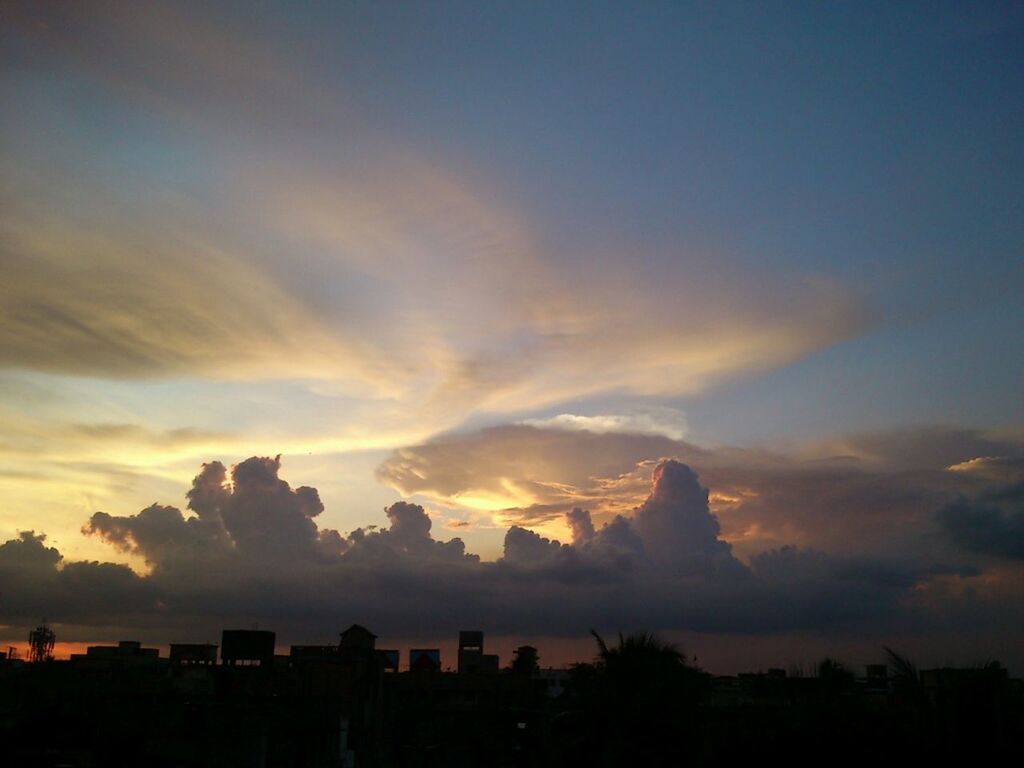 sunset, silhouette, sky, scenics, beauty in nature, cloud - sky, tranquil scene, tranquility, orange color, building exterior, nature, idyllic, built structure, cloud, landscape, architecture, dusk, outdoors, tree, no people