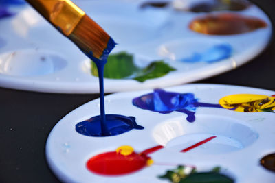 Close-up of paintbrushes in plate on table