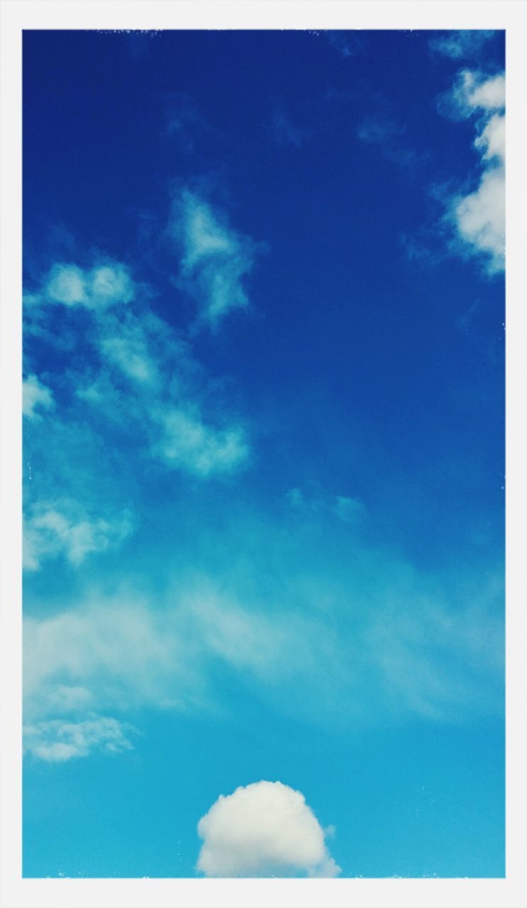 blue, low angle view, sky, transfer print, cloud - sky, auto post production filter, beauty in nature, nature, sky only, cloud, tranquility, white color, scenics, cloudy, day, cloudscape, tranquil scene, outdoors, backgrounds, white